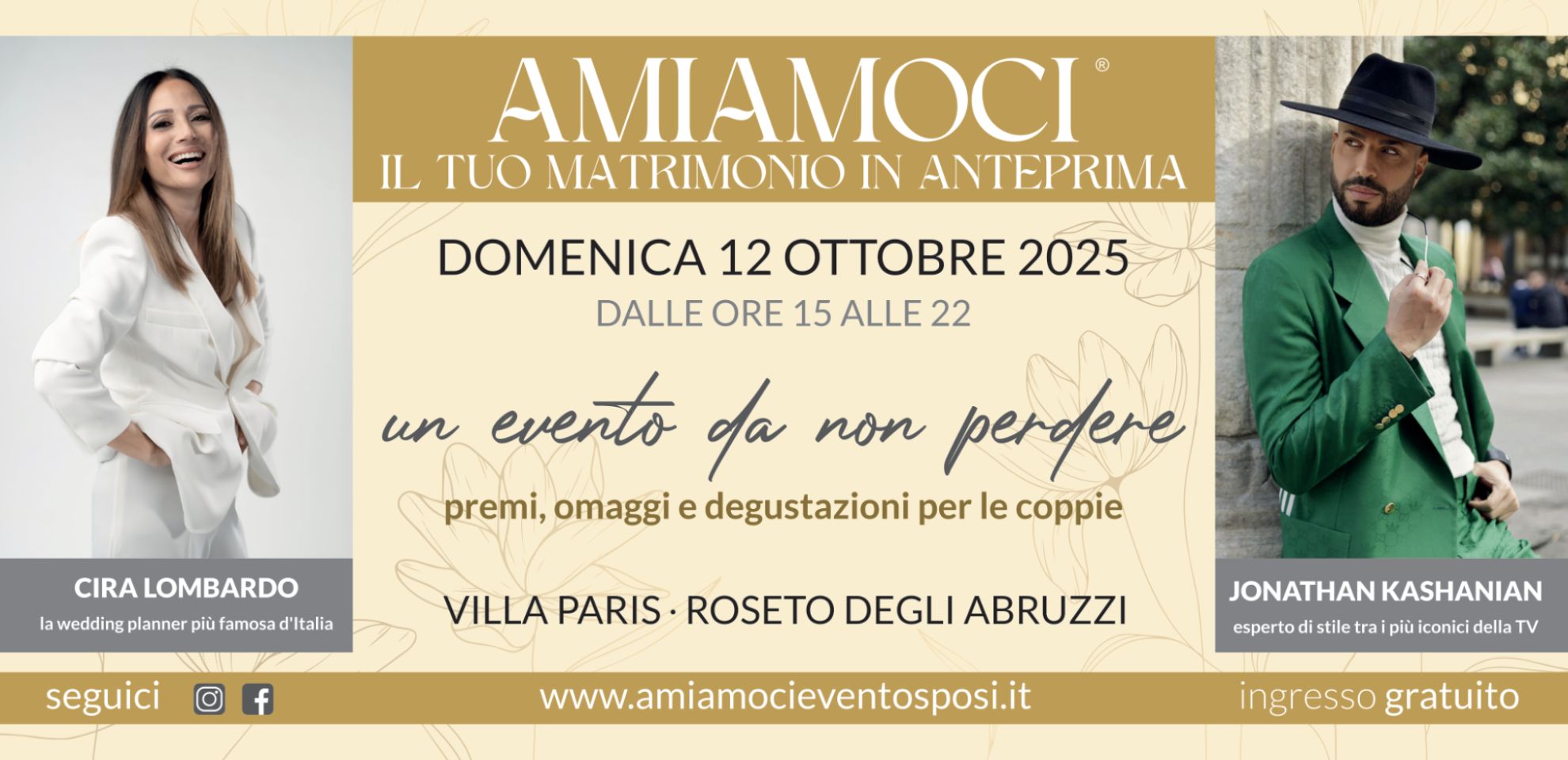 Cira Lombardo e Jonathan Kashanian saranno testimonial dell'evento Amiamoci 2025 che si terrà presso Villa Paris a Roseto degli Abruzzi il 12 ottobre dalle 15 alle 22, ingresso gratuito